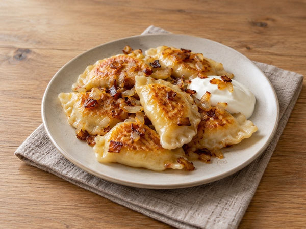 Pierogi ruskie z mrożonki z chrupiącą cebulką – zdjęcie poglądowe (AI)